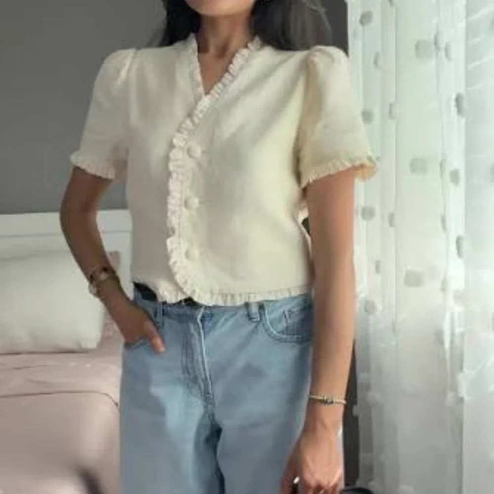 Reformation | Bess 100% Linen Puff Sleeve Ruffle Top in Sugar Cream | Size Med